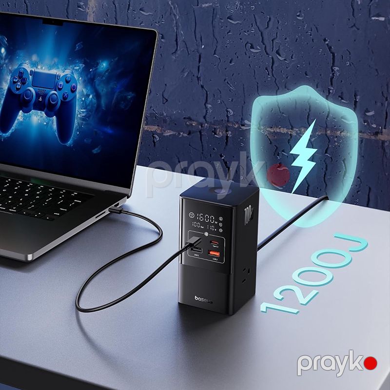 Baseus PowerCombo Tower Power Strip 3AC+2U+2C Cluster USB HUB Qara 100W Tower Power — Elektronika, Bakı (5)