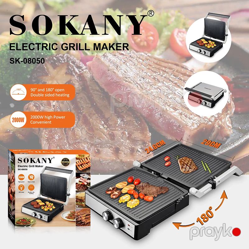 Sokany SK08050 Elektrikli Qril Kontaktlı Toster Açıq 180 Dərəcə Polad Qril Sendviç 2000W Yapışmayan Elektrik Qril Toster — Toster və vaflyasıcı, Bakı (5)