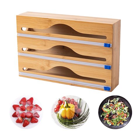 3-ü 1-də Bambuk Alüminium folqa kesici qida plyonkası, çörək folqası və salfetlər üçün bambuk organzer Rulo Folqa Kağız Kəsici — Tableware and kitchen accessories