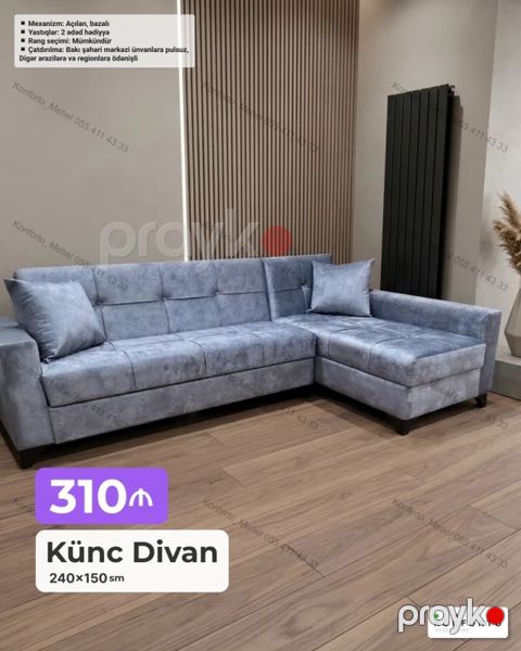 Künc divan – 240×150 sm Xüsusiyyətlər: - Mexanizm: açılan, bazalı — Bakı