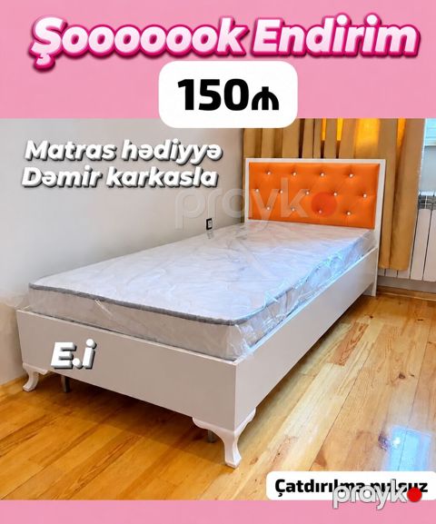 Tək nəfərlik çarpayı – dəmir karkasla. - Başlıq: narıncı rəngli — Bakı