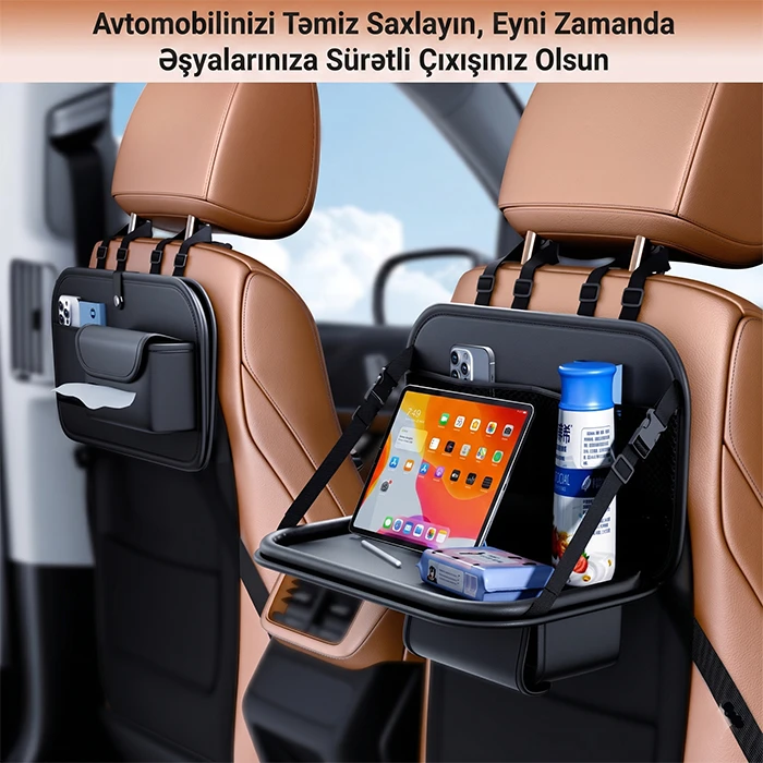 3-ü-1-də Çoxfunksiyalı Dəri Orqanayzer: Qatlanan masa, salfet qutusu və qacet bölmələri — Avtomobiliniz üçün premium komfort — Mallar, Bakı (3)