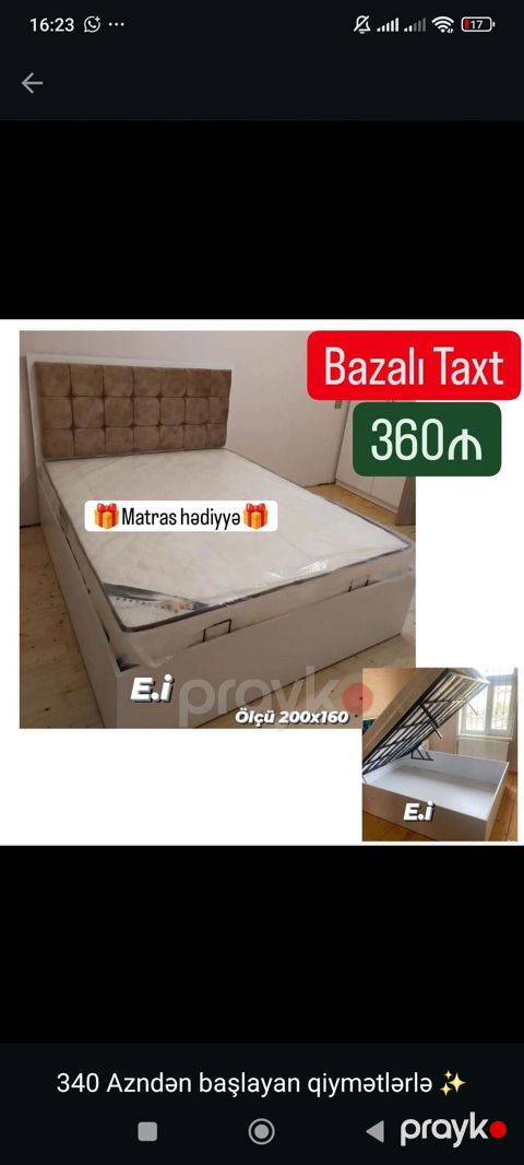 Bazalı taxt – ölçü 200x160 sm. Yumşaq başlıq, yuxarıdan qaldırılan — Bakı