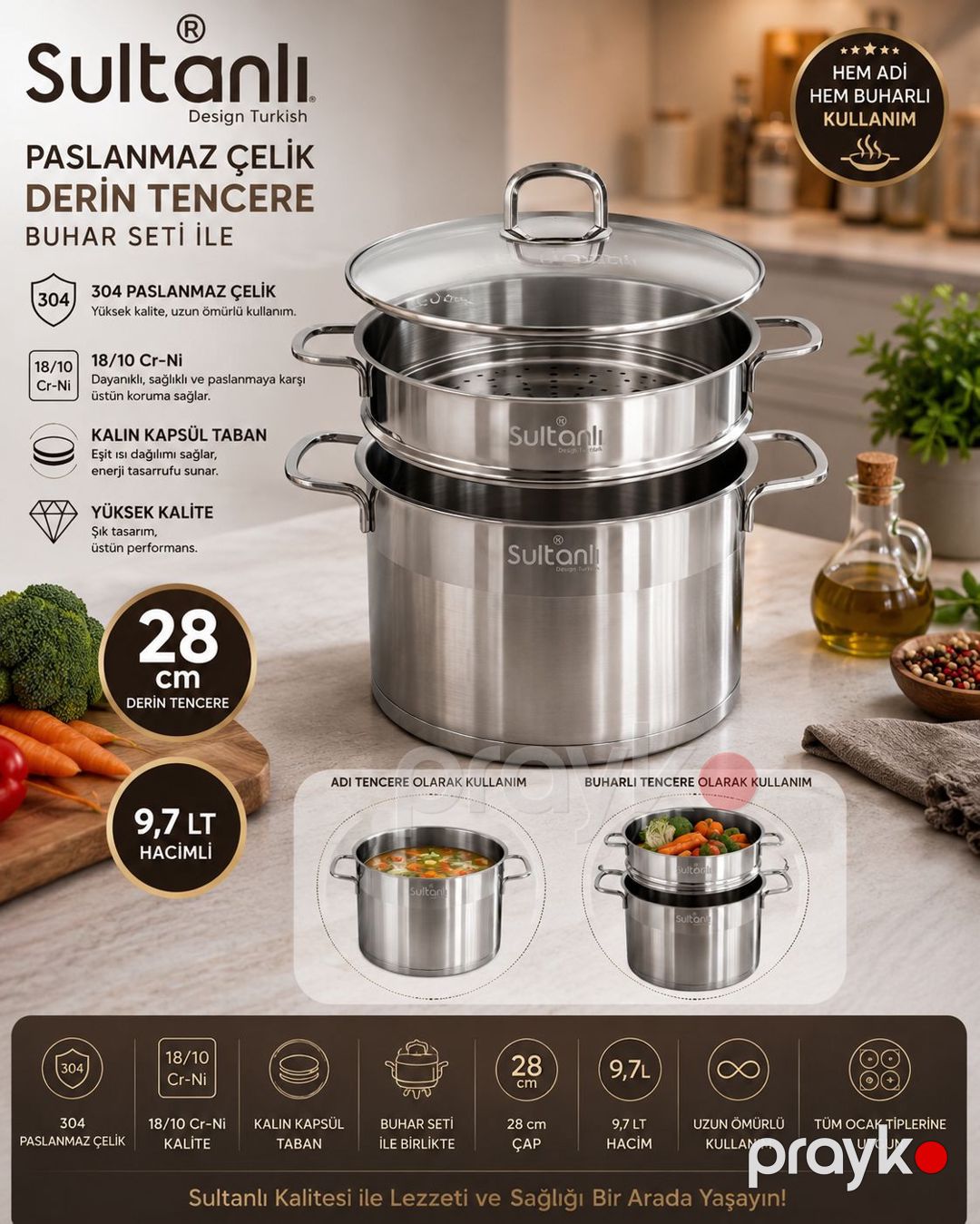 Mantı bişirici Sultanlı, 9700 ml, paslanmayan polad, gümüşü — Mallar, Bakı (2)