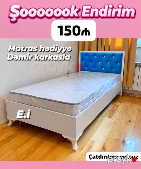 Tək nəfərlik çarpayı – dəmir karkaslı, müasir dizayn. - Ağımtıl — Bakı