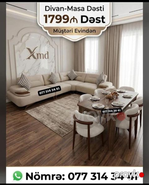 Qonaq otağı üçün divan-masa dəsti. Dəstə L formalı yumşaq künc divan — Bakı