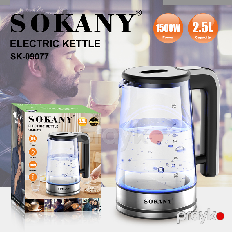Sokany SK-09077 - Şüşə Su Çaydanı, 2.5 Litr Sürətli Qaynayan Elektrik Çaydanı — Elektrik çaydanları və termoslar, Bakı (6)