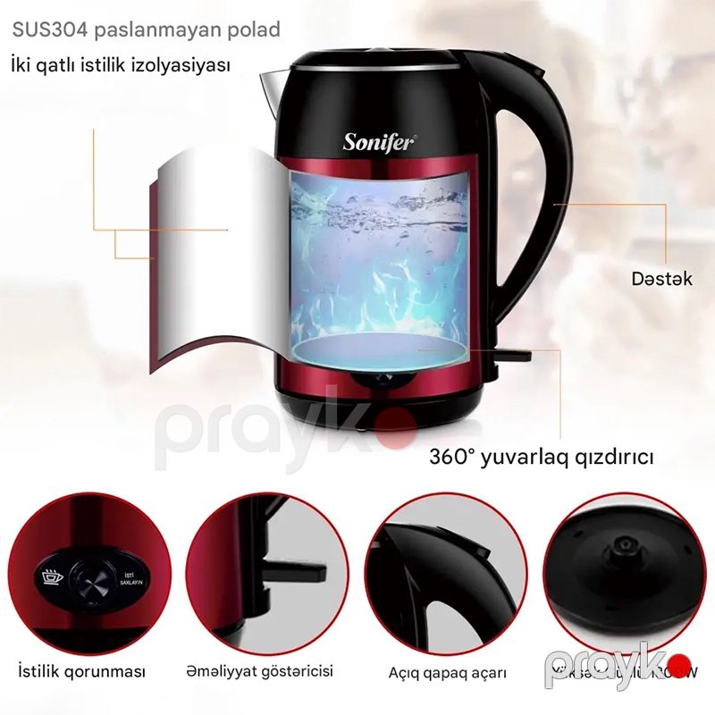 Sonıfer SF-2072 Çoxfunksiyalı Elektrikli Çaydan Paslanmayan Polad Elektrikli Çaydan 1800W — Elektrik çaydanları və termoslar, Bakı (4)