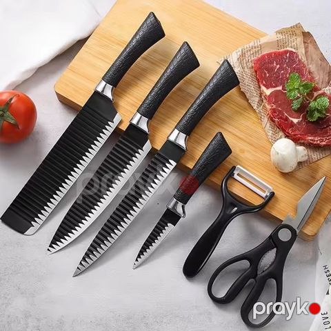 6 Parça Bıçaq Dəsti Soyucu və Qayçı Daxil Bıçaq Seti Qara Dalğalı Paslanmayan Polad Mətbəx Bıçaq Dəsti — Bakı