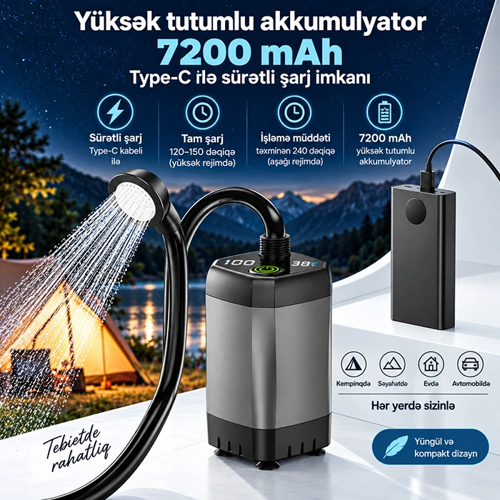 7200 mAh Güclü Akkumulyatorlu, Rəqəmsal LED Ekranlı və Temperatur Göstəricili Portativ Duş — Mallar, Bakı (5)