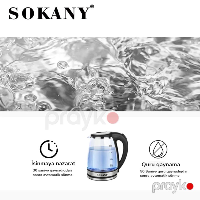 Sokany Elektrikli Şüşə Çaydan SK-1029 1500 W Led İşığa Sahib Böyük Tutumlu Çaydan 2L Su Tutumu — Elektrik çaydanları və termoslar, Bakı (5)