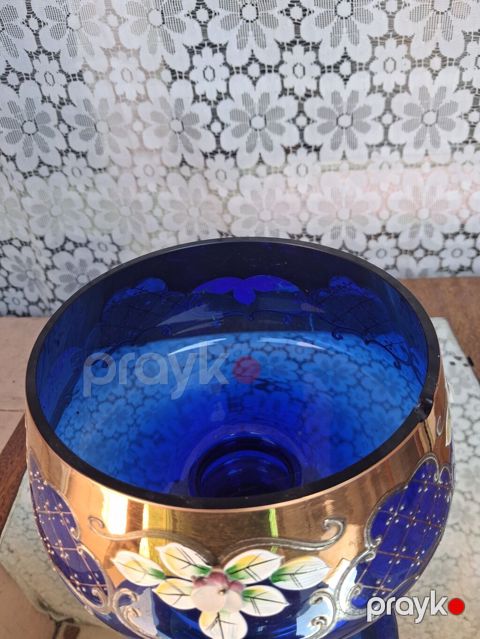 Kobalt-mavi rəngli dekorativ şüşə qab - Material: qalın kobalt-mavi — Zaqatala