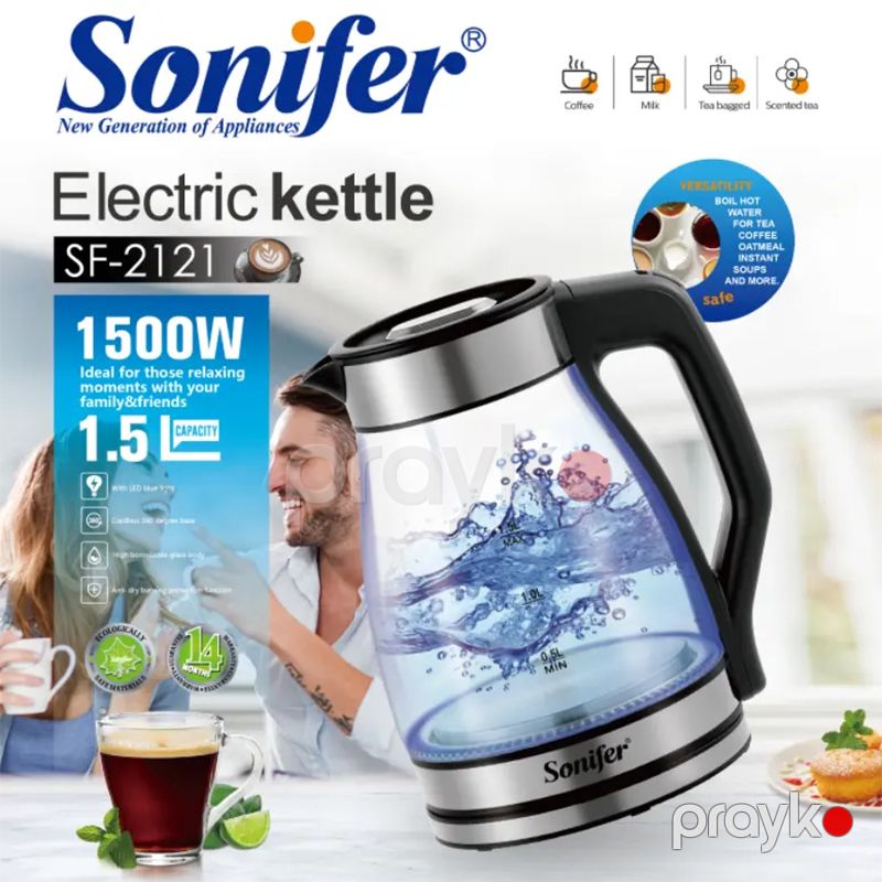 Sonifer SF-2121 Yüksək Keyfiyyətli 1500W 1.5L Şüşə Çaydanı LED Mavi İşıqlı Elektrikli Borosilikat Şüşə Çaydan — Elektrik çaydanları və termoslar, Bakı (3)