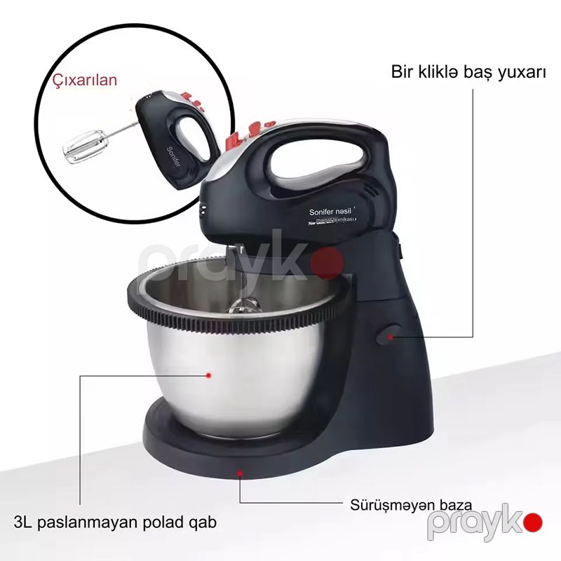 Sonifer SF-7014 Elektrikli Mikser Stand Mikser Xəmir Qarışdırıcı Yumurta Çırpıcı Mikser 250W — Blenderlər, xırdalayanlar və mikserlər, Bakı (6)