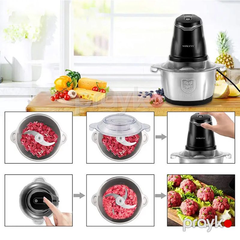 Sokany SK-7020 Mini Elektrik Ətçəkən Maşın 2L 400W Gücündə Paslanmaz Polad Mətbəx Doğrayıcısı — Blenderlər, xırdalayanlar və mikserlər, Bakı (4)