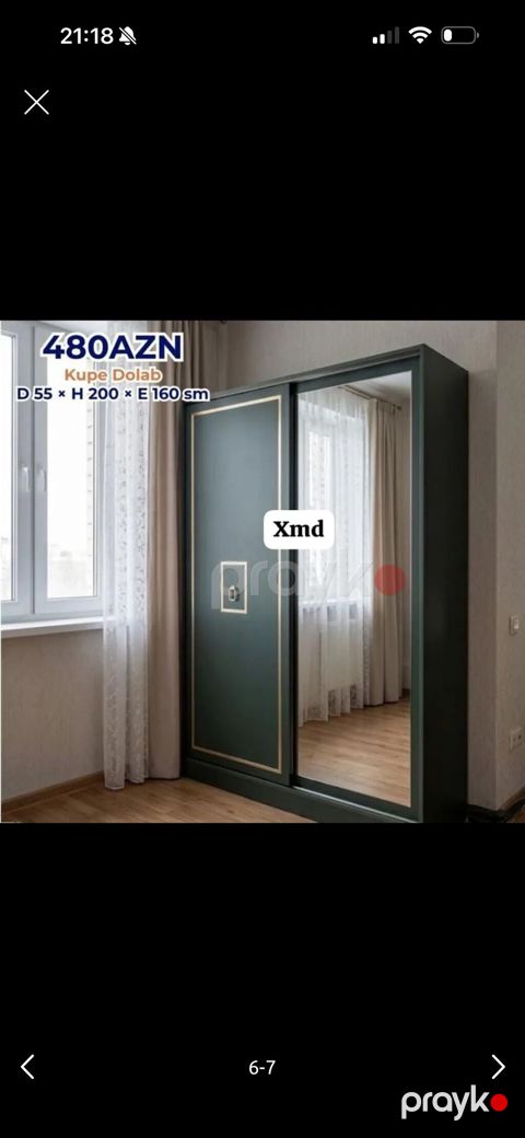 Kupe dolab – sürgülü qapılı, şüşə güzgülü model. Ölçülər: dərinlik 55 — Bakı