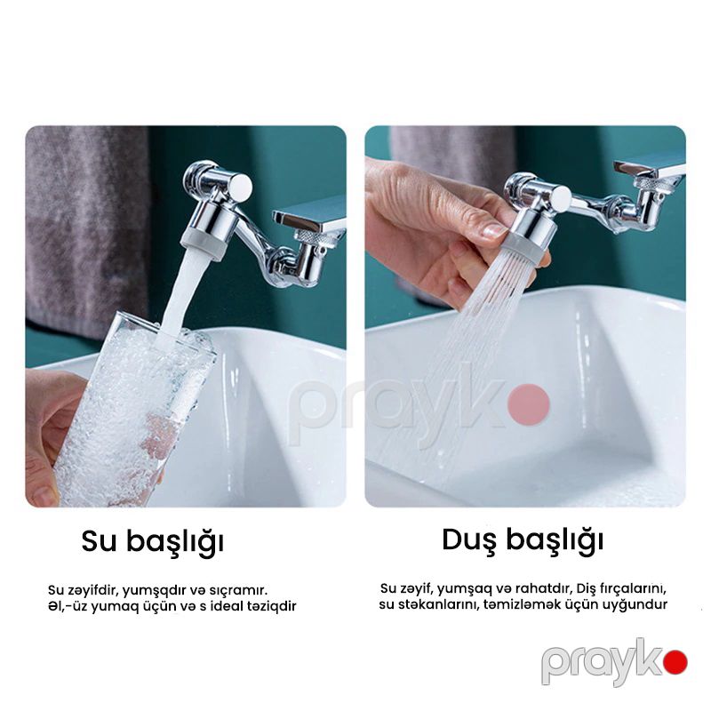 Dəmir Başlıqlı Universal 1080° Fırlanan Su Kranı Filter Funksiyalı Funksional Mətbəx Vanna Otağı Kranı — Mallar, Bakı (5)