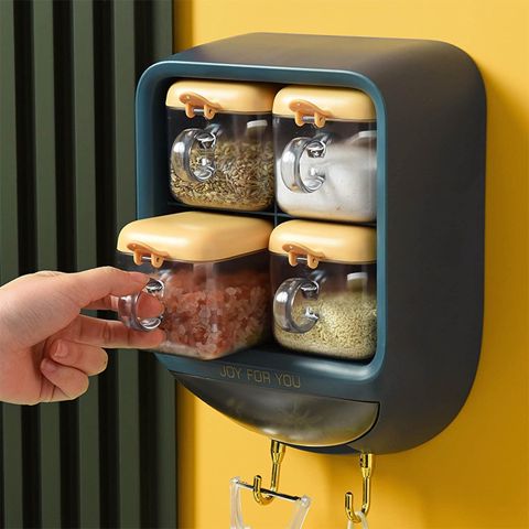 4 Hüceyrəli Şəffaf Ədviyyat Bankası Qaşıq və Qarmaqlı Ədviyyat saxlama qabı Divara Montaj Edilən Ədviyyat Saxlama Dəsti — Tableware and kitchen accessories
