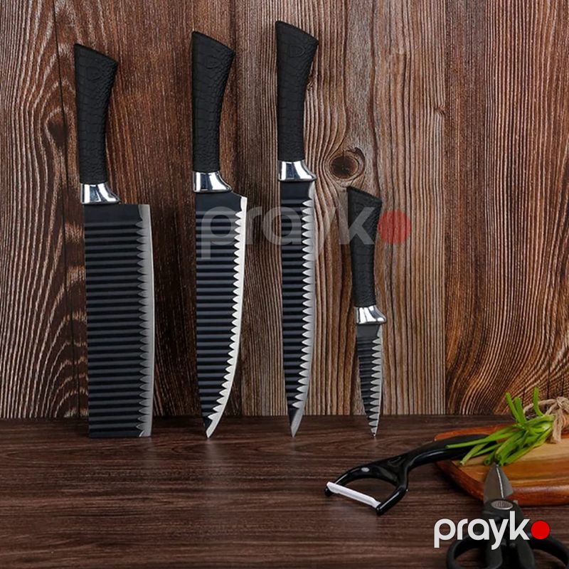 6 Parça Bıçaq Dəsti Soyucu və Qayçı Daxil Bıçaq Seti Qara Dalğalı Paslanmayan Polad Mətbəx Bıçaq Dəsti — Mallar, Bakı (6)