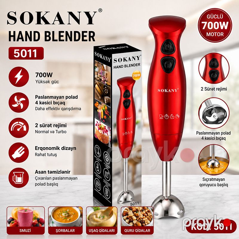 Sokany SK-5011 Qırmızı Dizaynlı Paslanmayan Polad Əl Blender Elektrikli İki Sürətli Əl Blenderi — Ev texnikası, Bakı (4)