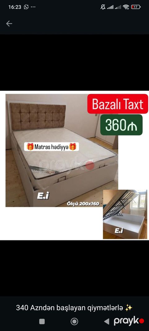 Bazalı taxt – ölçü 200x160 sm - Üst hissə qaldırılan mexanizmlə geniş — Bakı