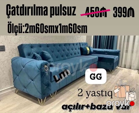Künc divan – açılır və bazalı model - Ölçü: 2 m 60 sm x 1 m 60 sm — Bakı