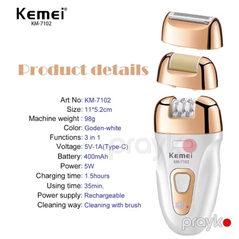 Kemei KM-7102 - Epilyator 3-ü 1-də Epilyator USB Şarjlı Bədən və Üz Tük Təmizləyici 3 Başlıqlı Epilyator — Usturalar, trimmerler və epilyatorlar, Bakı (4)