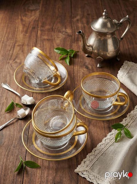 Çay dəsti 11266-134, şüşə, şəffaf/qızılı, 280 ml, 6 nəfərlik, 12 parça — Bakı
