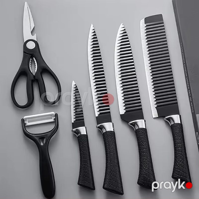 6 Parça Bıçaq Dəsti Soyucu və Qayçı Daxil Bıçaq Seti Qara Dalğalı Paslanmayan Polad Mətbəx Bıçaq Dəsti — Mallar, Bakı (2)