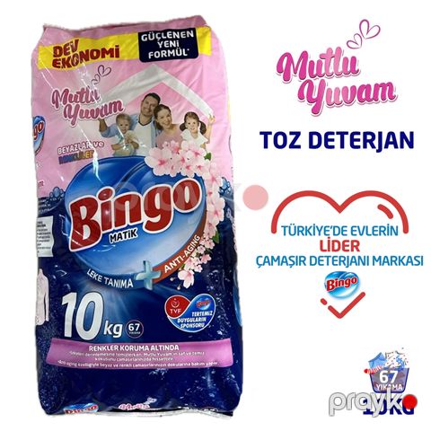 Bingo Mutlu Yuvam Toz Deterjan Tüm Renkler Üçün 10 KG Beyazlar ve Renkliler Bingo Yuyucu Toz 67 Yıkama — Bakı