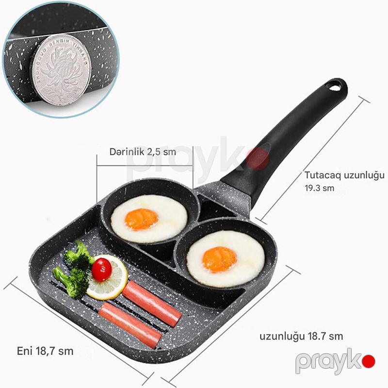 Yapışmayan Steyk Kolbasa Yumurta Omlet Bişirmək Üçün Tava 3 Bölməli Tava — Qablar və mətbəx əşyaları, Bakı (3)