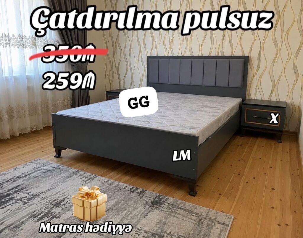 Mebel dəsti – iki nəfərlik çarpayı və tumbalar - Müasir, minimal — Yataq otağı mobilya dəstləri, Bakı