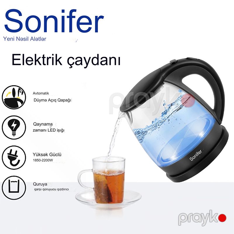 Sonifer SF2087 LED İşıqlı Elektrikli Şüşə Çaydan Tutum 1L Yüksək Güclü 2200W — Elektrik çaydanları və termoslar, Bakı (4)