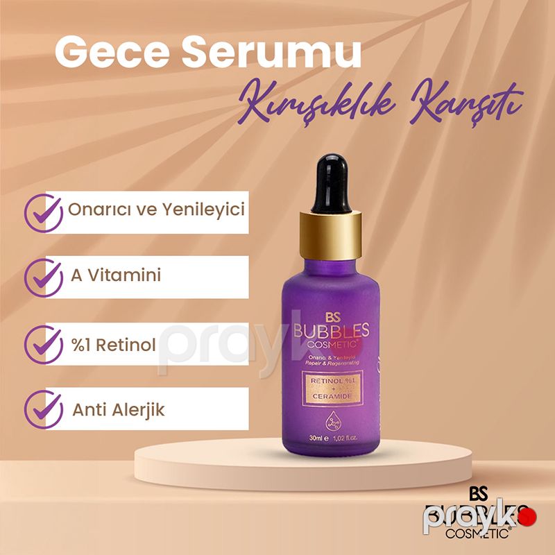 Bs Bubbles Kosmetik Qırış Əleyhinə Gecə Serumu 30 ml Parlaq və Canlı Dəri Üçün Bərpaedici Vitamin A Retinol — Gözəllik və səhiyyə, Bakı (4)