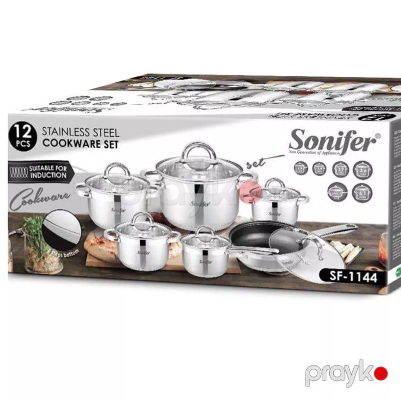 Sonifer 12-də 1-də Qazan Dəsti SF-1144 Gümüş Polad Dəsti Paslanmayan Poladdan 12 Parçalı Qazan Dəsti 3 Qatlı Qazan Tava Dəsti — Qablar və mətbəx əşyaları, Bakı (6)