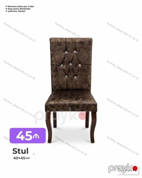 Stul – 40×45 sm - Klassik dizaynlı, hündür arxalı. - Yumşaq oturacaq — Bakı
