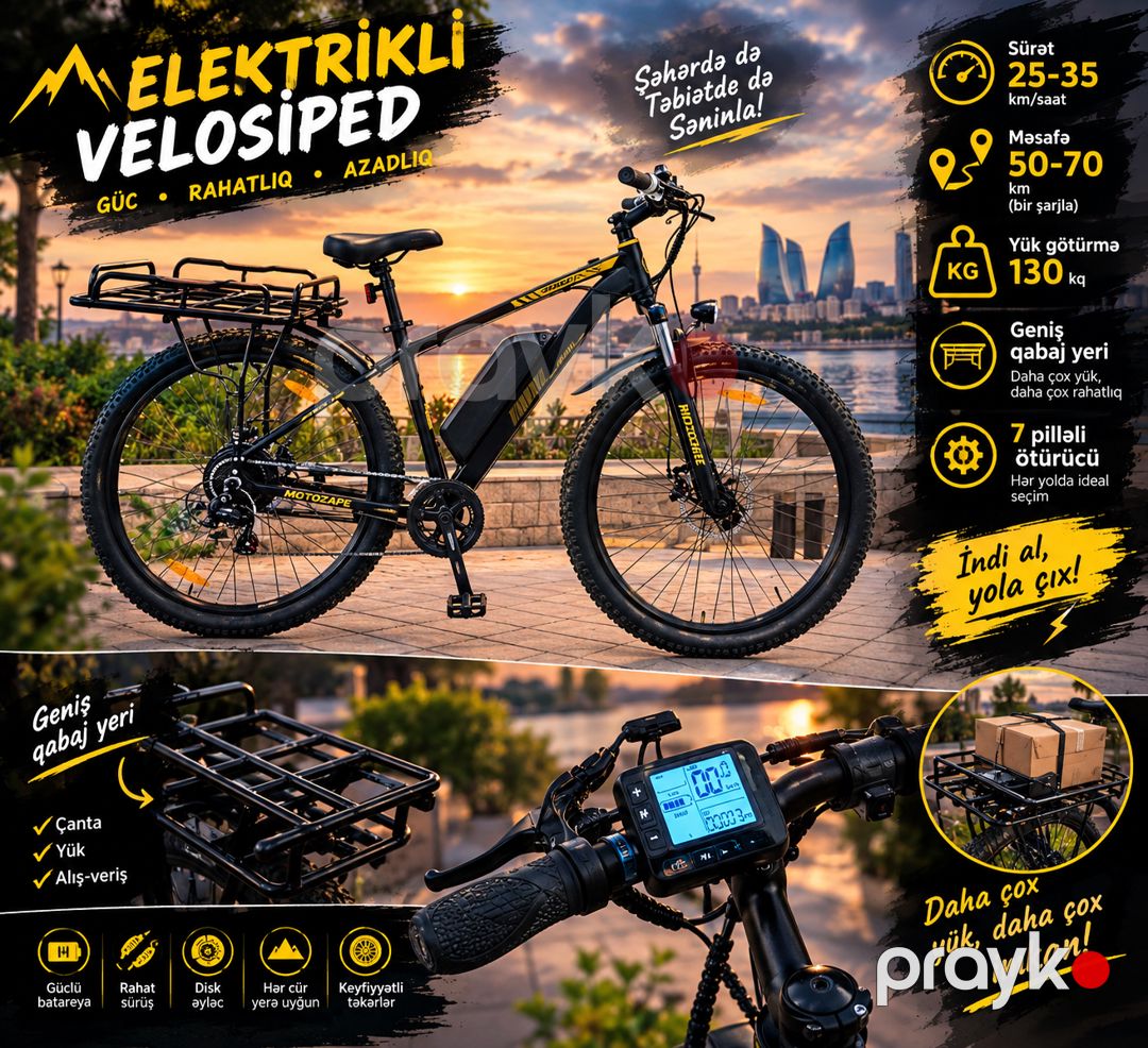 Yeni Elektrikli Velosiped – 25-35 km/saat, 50-70 km Məsafə, 130 kq Yük, Güclü Akkumulyator, 7 Pilləli Ötürücü, Geniş Baqaj — Elektrik velosipedləri, Bakı (2)