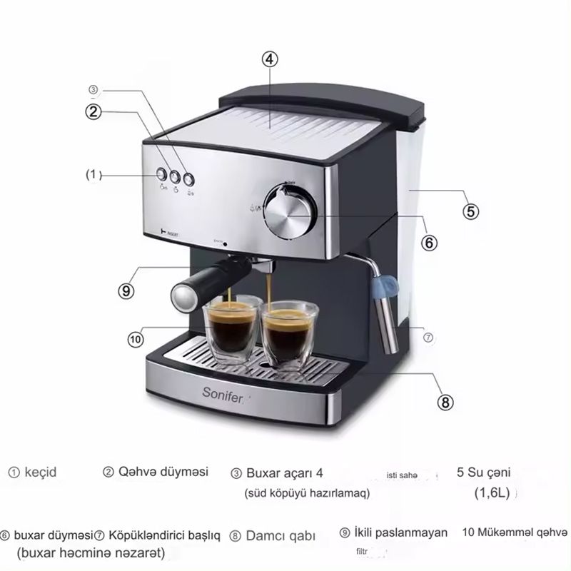 Sonifer SF-3528 Çoxfunksiyalı Qəhvə Maşını Yüksək Keyfiyyətli Kappuçino Espresso Kofe Hazırlayan Aparat 850W — Digər mətbəx texnikası, Bakı (2)
