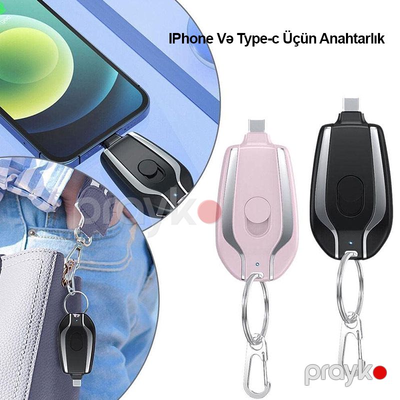 Sürətli Telefon Doldurma Cihazı IPhone Və Type-c Üçün Portativ LED Anahtarlık 1500mAh Usb-c Batareya Mobil Telefon Doldurma Cihazı — İdman, hobi, istirahət, Bakı (3)