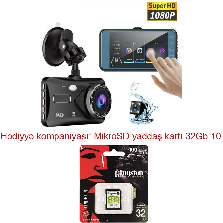 BT-100CC avtomobil video qeydiyyatçısı - iki kamera, 4 düym sensorlu ekran. Hədiyyə kompaniyası: MikroSD yaddaş kartı 32 Gb 10 klass — Bakı