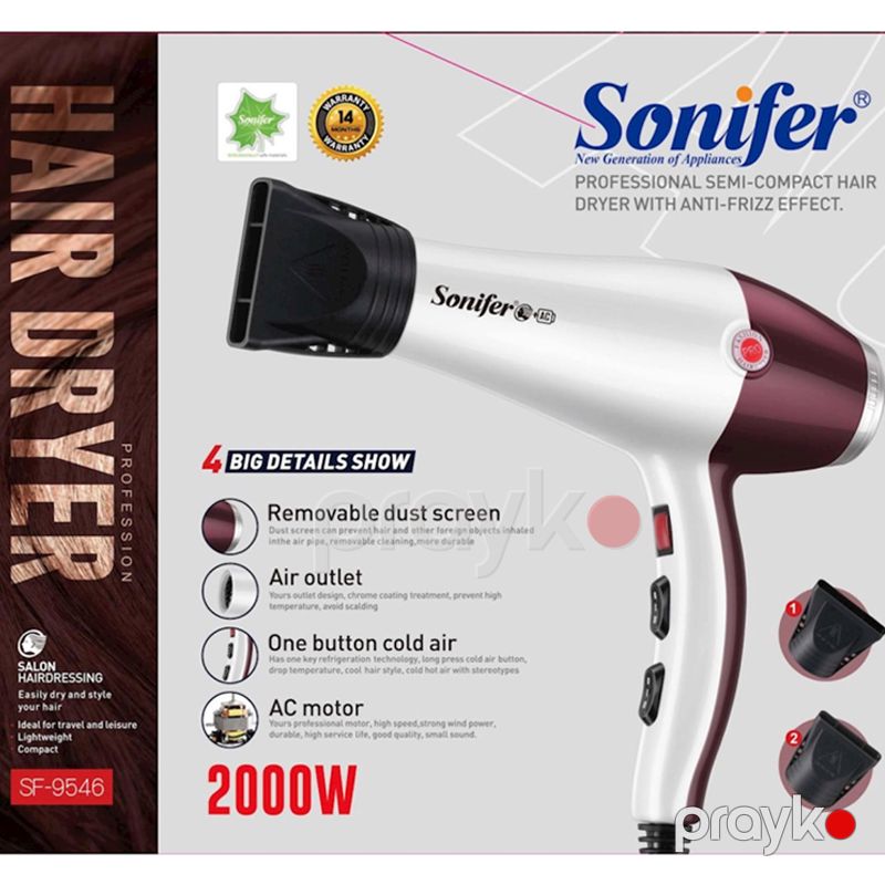 Sonifer SF-9546 - Hava Feni, Soyuq Külək və İsti Hava ilə Qızdırılan Yüksək Güclü Pro Saç Qurutma Maşını 2000 Vatt Güc ilə — Fən, Bakı (5)