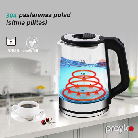 Elektrikli Çaydan Kettle Haeger HG-7846 Paslanmaz Polad, Şüşə Led İşıqlı 2.3L Tutum — Bakı