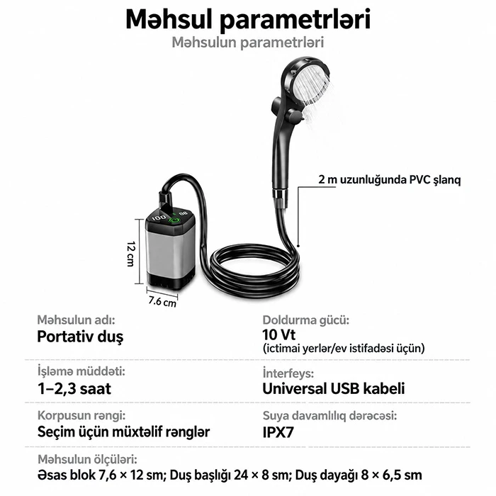7200 mAh Güclü Akkumulyatorlu, Rəqəmsal LED Ekranlı və Temperatur Göstəricili Portativ Duş — Mallar, Bakı (7)
