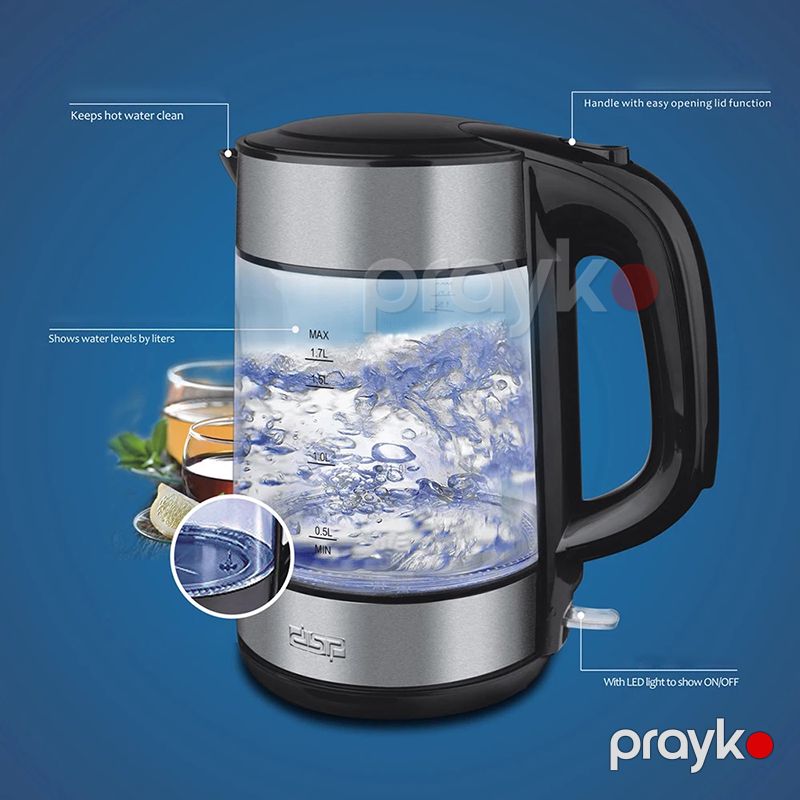 Yüksək Dərəcəli Paslanmayan Polad Şüşə Çaydan 2200W Gücündə Daxili LED İşıqlandırmaya Sahib DSP Elektrikli Çaydan 1.7L — Elektrik çaydanları və termoslar, Bakı (4)