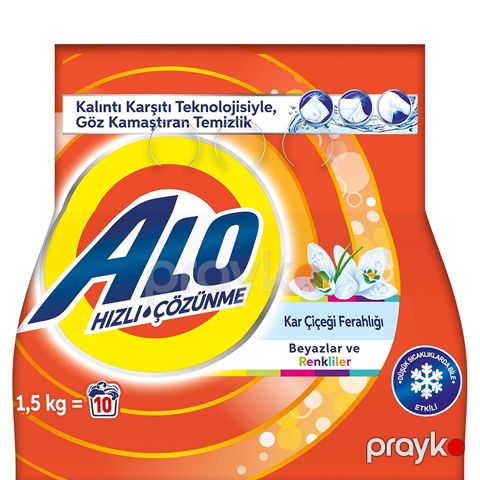 Alo 1,5 kq Qar Çiçəyi Təravət Ağ və Rənglər Tez həll olunan Toz Yuyucu Alo Hızlı Çözüm 10 Yuma — Bakı