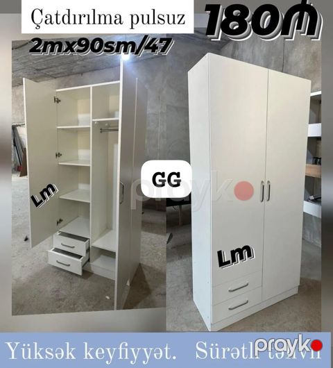 Ağ rəngli ikitaylı şkaf Ölçü: 2 m x 90 sm x 47 sm Qiymət: 180 — Bakı