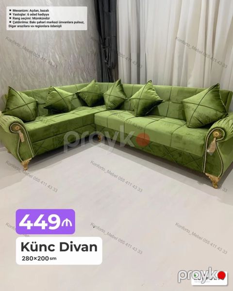 Künc divan – 280×200 sm Mexanizm: açılan, bazalı (yataq funksiyalı — Bakı