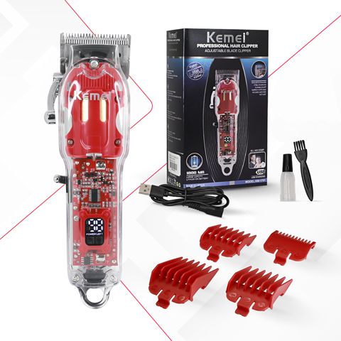 USB Sürətli Şarj Özəlliyinə Sahib Şəffaf Kemei Salon Saç Kəsmə Maşını Kişilər Üçün Peşəkar Şəffaf Trimmer Qırmızı — Bakı