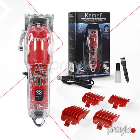 USB Sürətli Şarj Özəlliyinə Sahib Şəffaf Kemei Salon Saç Kəsmə Maşını Kişilər Üçün Peşəkar Şəffaf Trimmer Qırmızı — Bakı