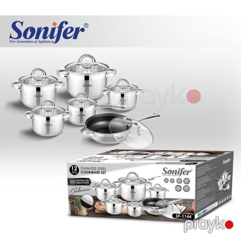 Sonifer 12-də 1-də Qazan Dəsti SF-1144 Gümüş Polad Dəsti Paslanmayan Poladdan 12 Parçalı Qazan Dəsti 3 Qatlı Qazan Tava Dəsti — Bakı